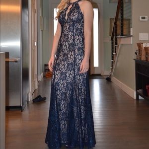 PROM DRESS deep blue w/ lace and nude lining